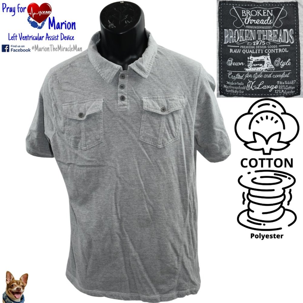 Broken Thread X-Large Heather Grey Short Sleeve Polo Cotton Polyester w/ Pocket